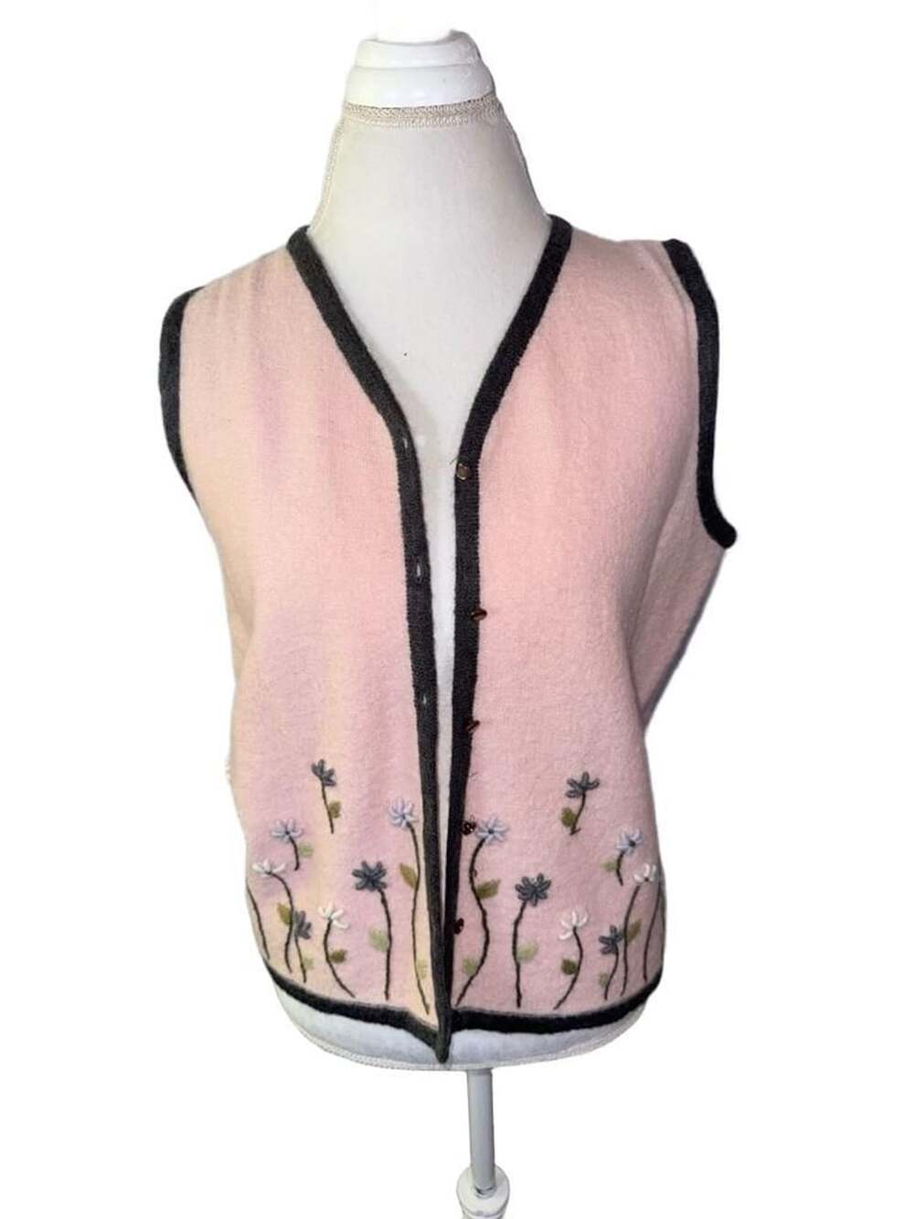 Vintage Floral Embroidered Pink Knit Button Front Sweater Vest with Charcoal Tri
